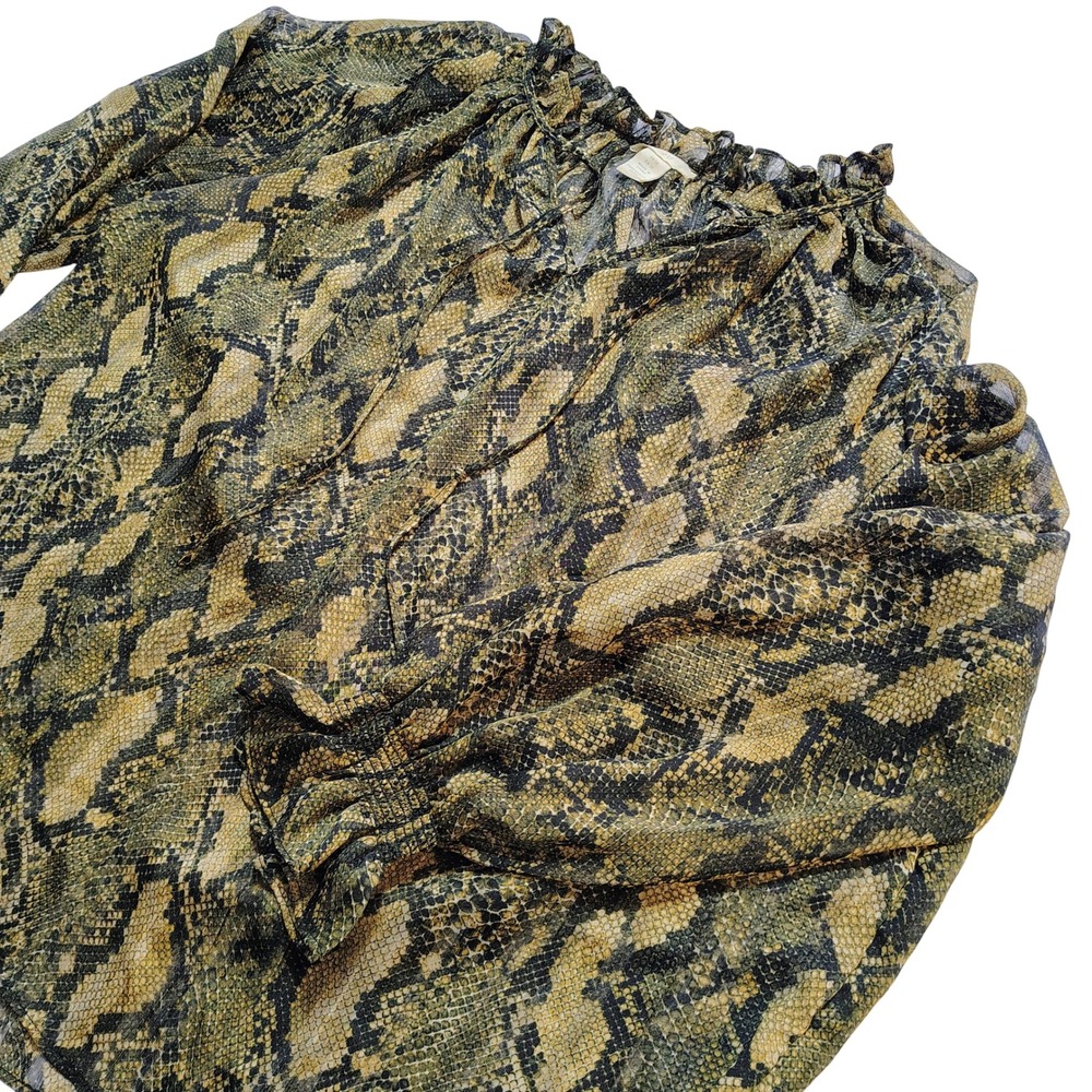 H&M Womens Size 12 Snake Print Sheer Long Sleeve Ruffle V Neck Blouse‎ Top